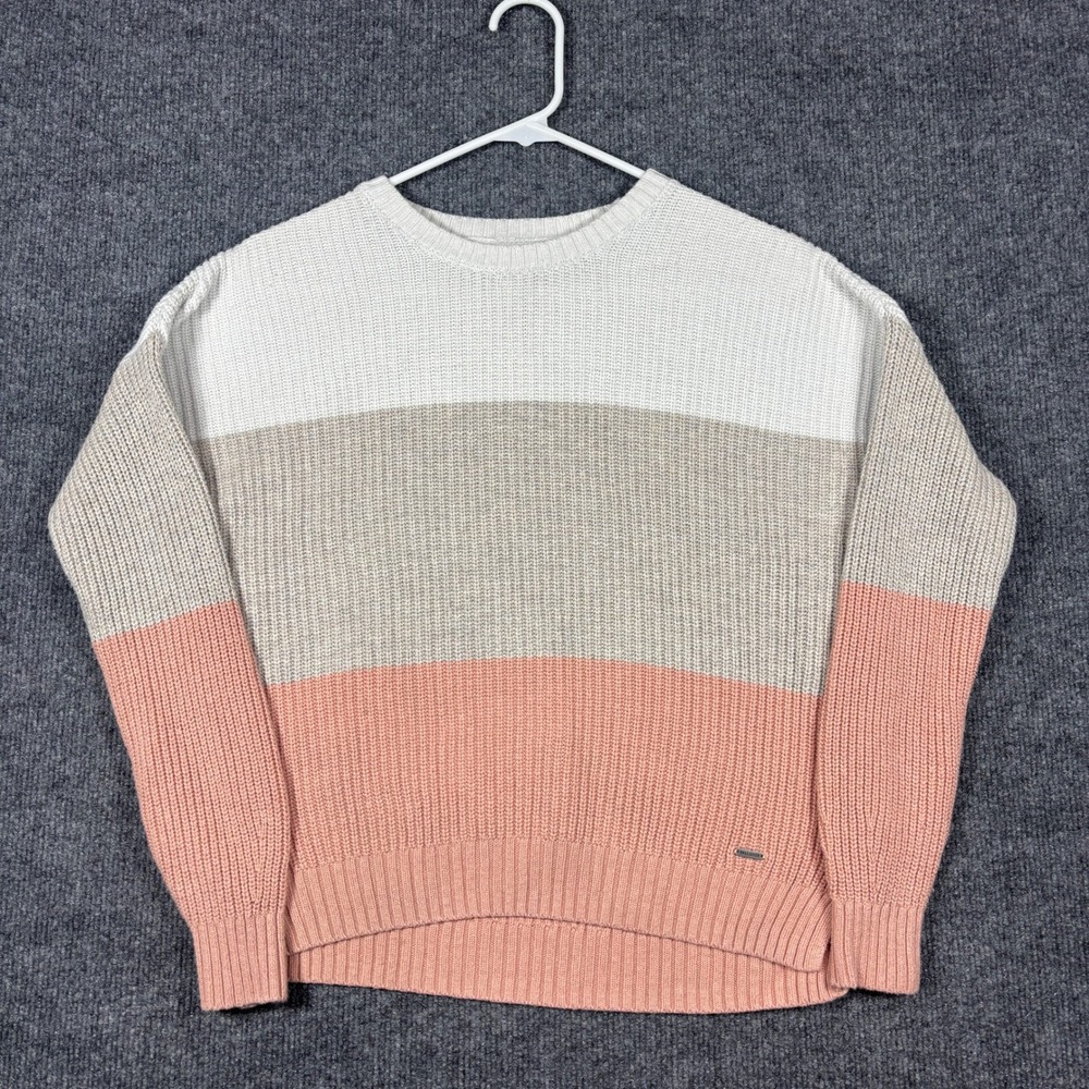 Hollister Sweater Womens XS White Tan Pink Colorblock Chunky Knit Crew Neck